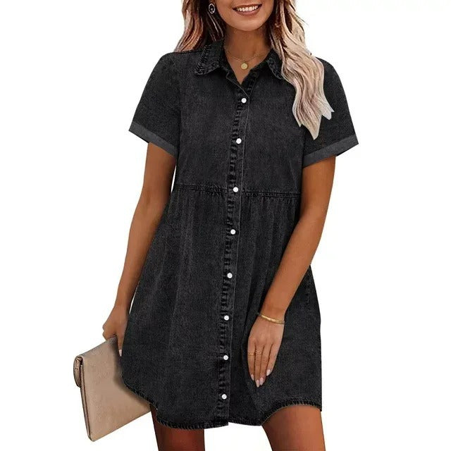 Rochie de blugi spălăciți cu volane și guler, stil european și american