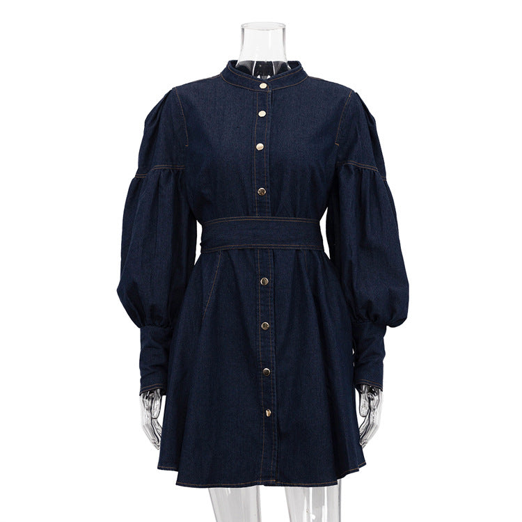 Rochie din denim cu mâneci bufante și șiret