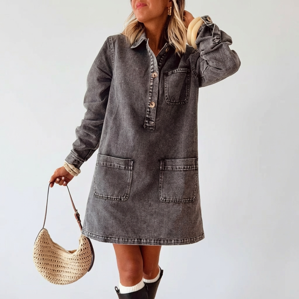 Rochie cămașă din denim și catifea reiată cu imprimeu leopard Lina