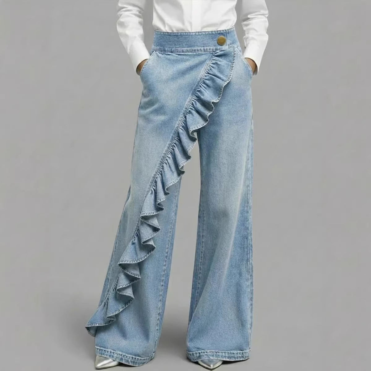 Pantaloni de blugi retro, cu talie înaltă, croială în A, neregulată
