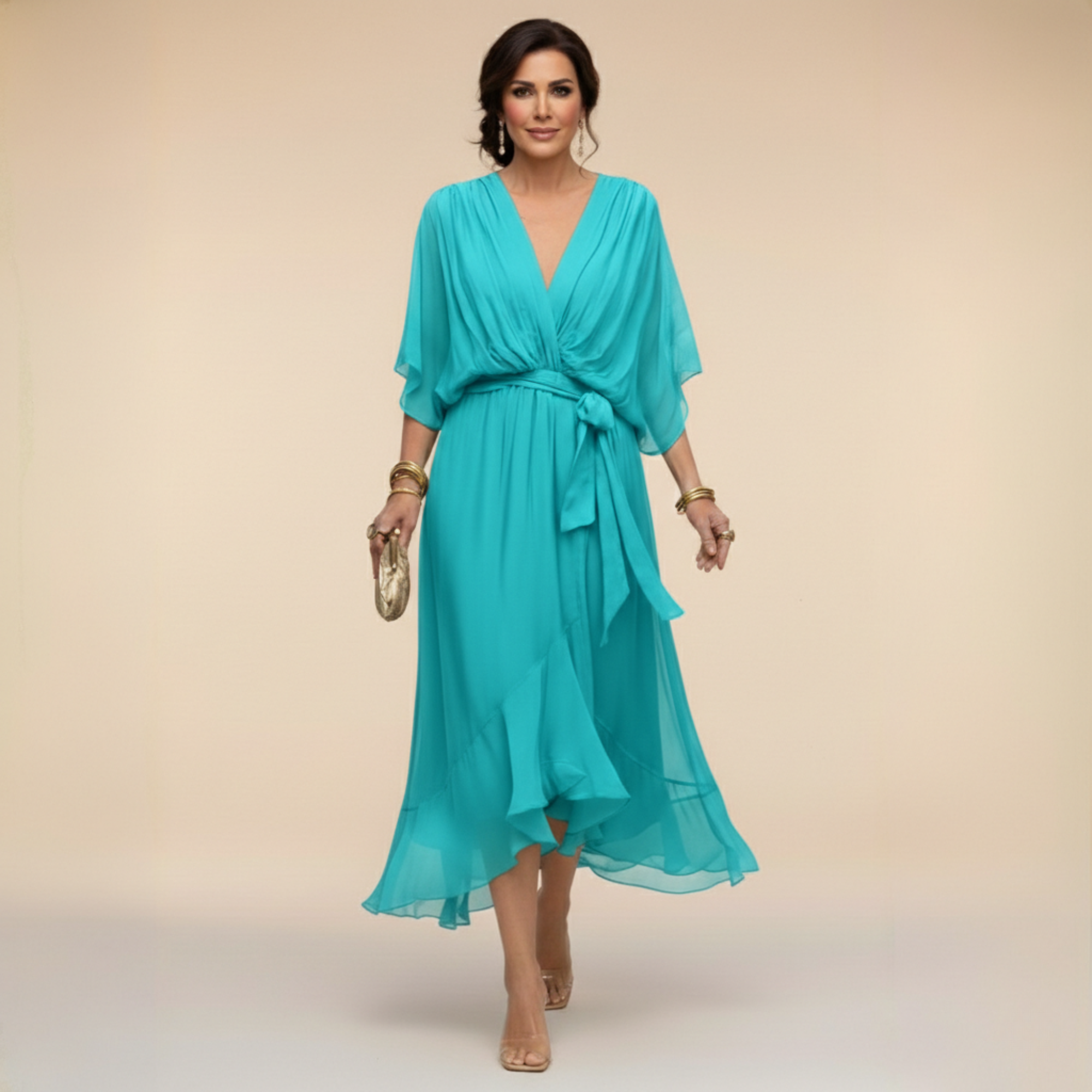 Celeste - Rochie Midi tip Sal cu Mâneci Kimono Fluide