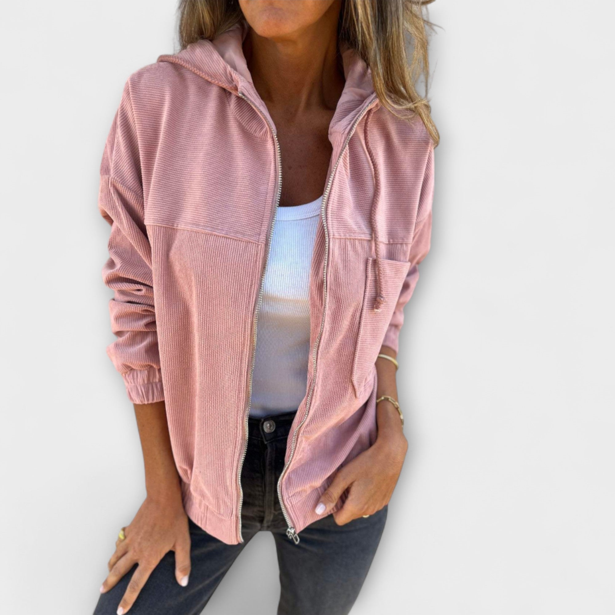 Ella - Hooded form made of embroidered fabric with a zipper