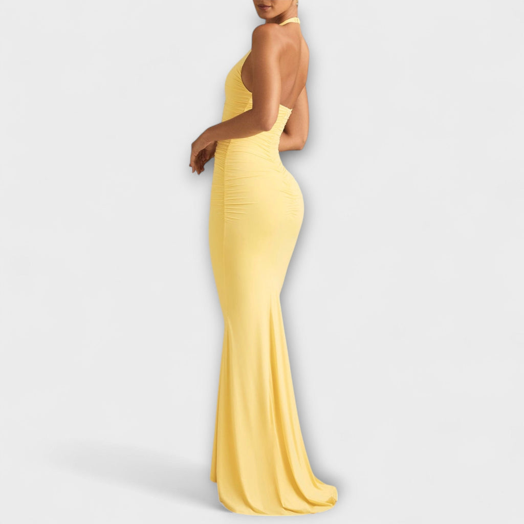 Elegant gala dress with an open back and impressive neckline
