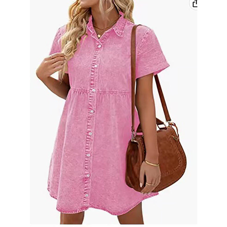 Rochie de blugi spălăciți cu volane și guler, stil european și american