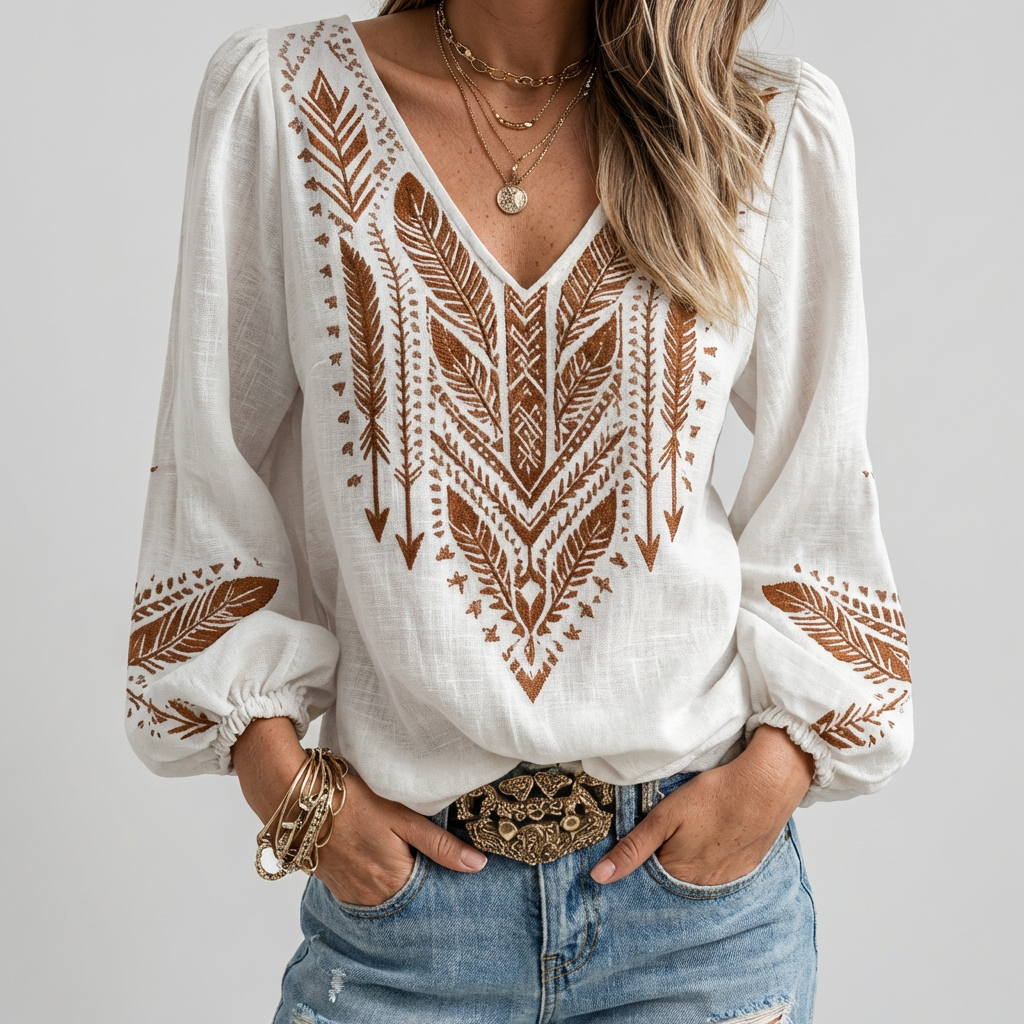 Maya - Boho Tribal Print V-Neck Women's Blouse