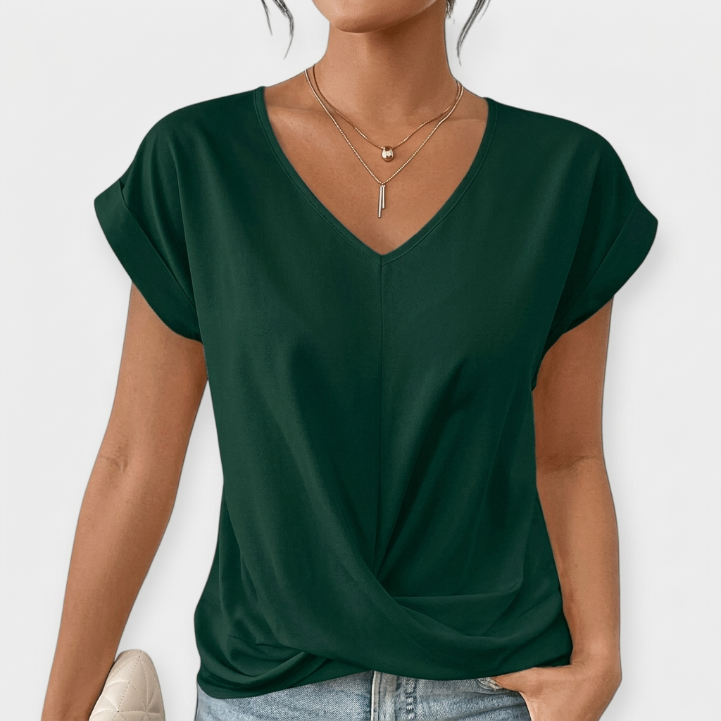 V-neck and short-sleeved blouse