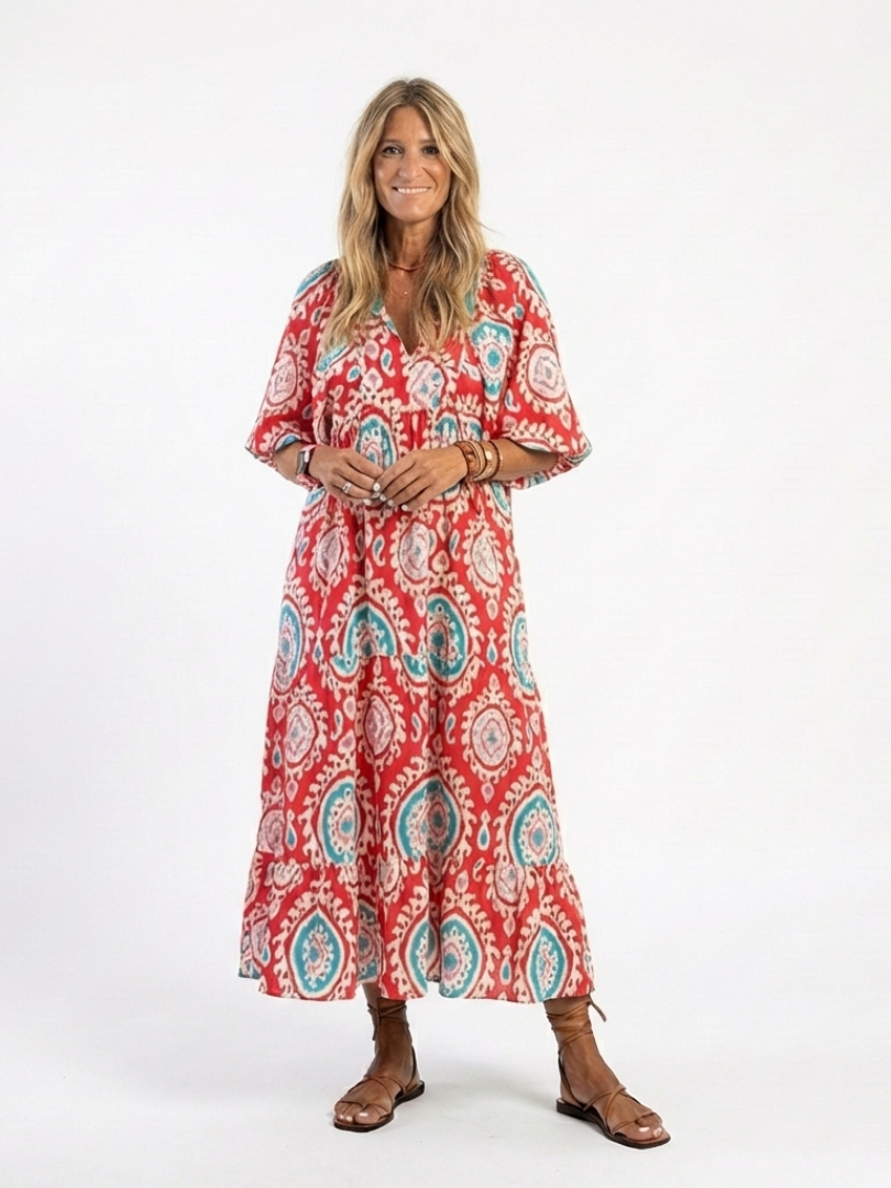 Zaria | Midi Dress with V-Neckline and Short Sleeves, Paisley Print