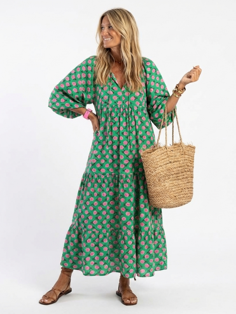 Fiora | Midi Dress with Floral Print and V-Neckline