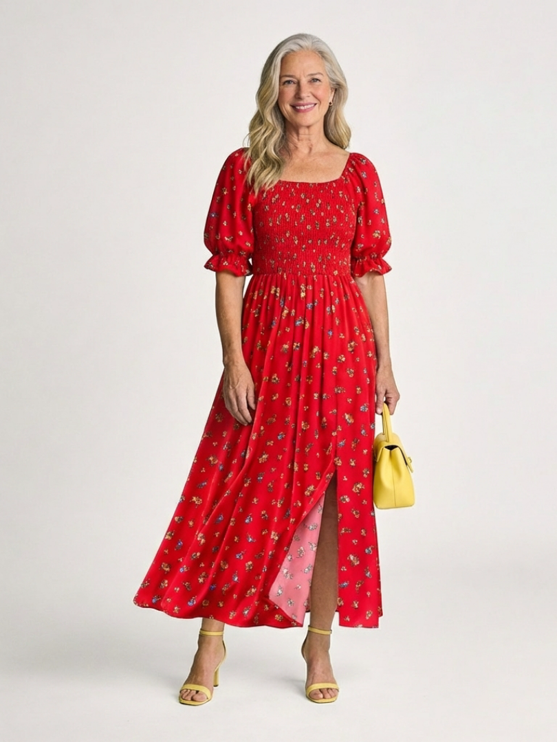 Delphine | Midi Dress with Square Neckline and Floral Puff Sleeves