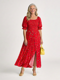 Delphine | Midi Dress with Square Neckline and Floral Puff Sleeves