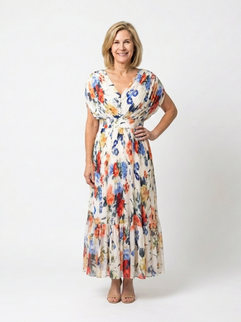 Savannah | Pleated Floral Midi Dress with Short Sleeves