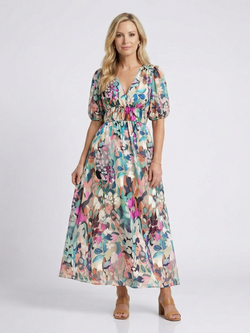 Eulalie | Midi Dress with V-Neckline and Short Sleeves