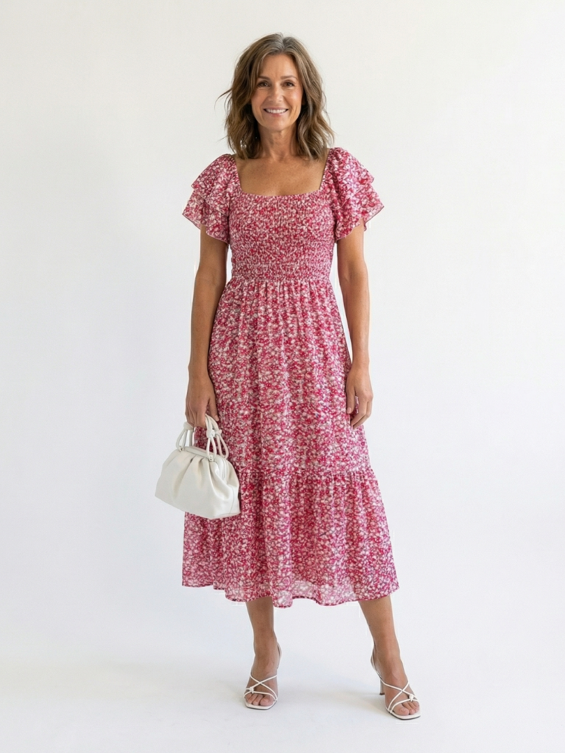 Odette | Midi Dress with Floral Print and Cut-Out Shoulders