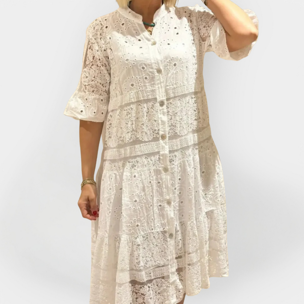 Dress with Lace, Sleeves, and Front Buttons