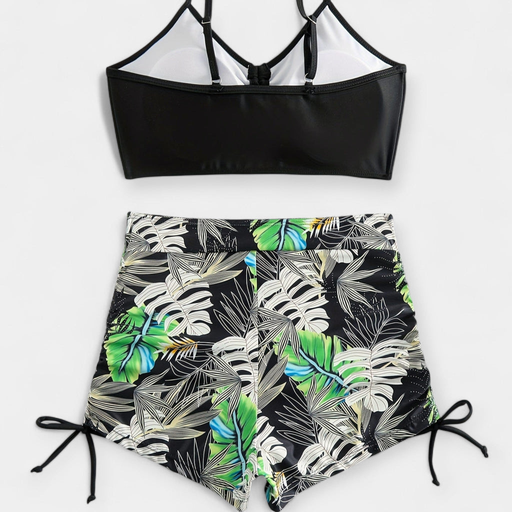 High-Waisted Bikini with Tropical Pattern and Straps