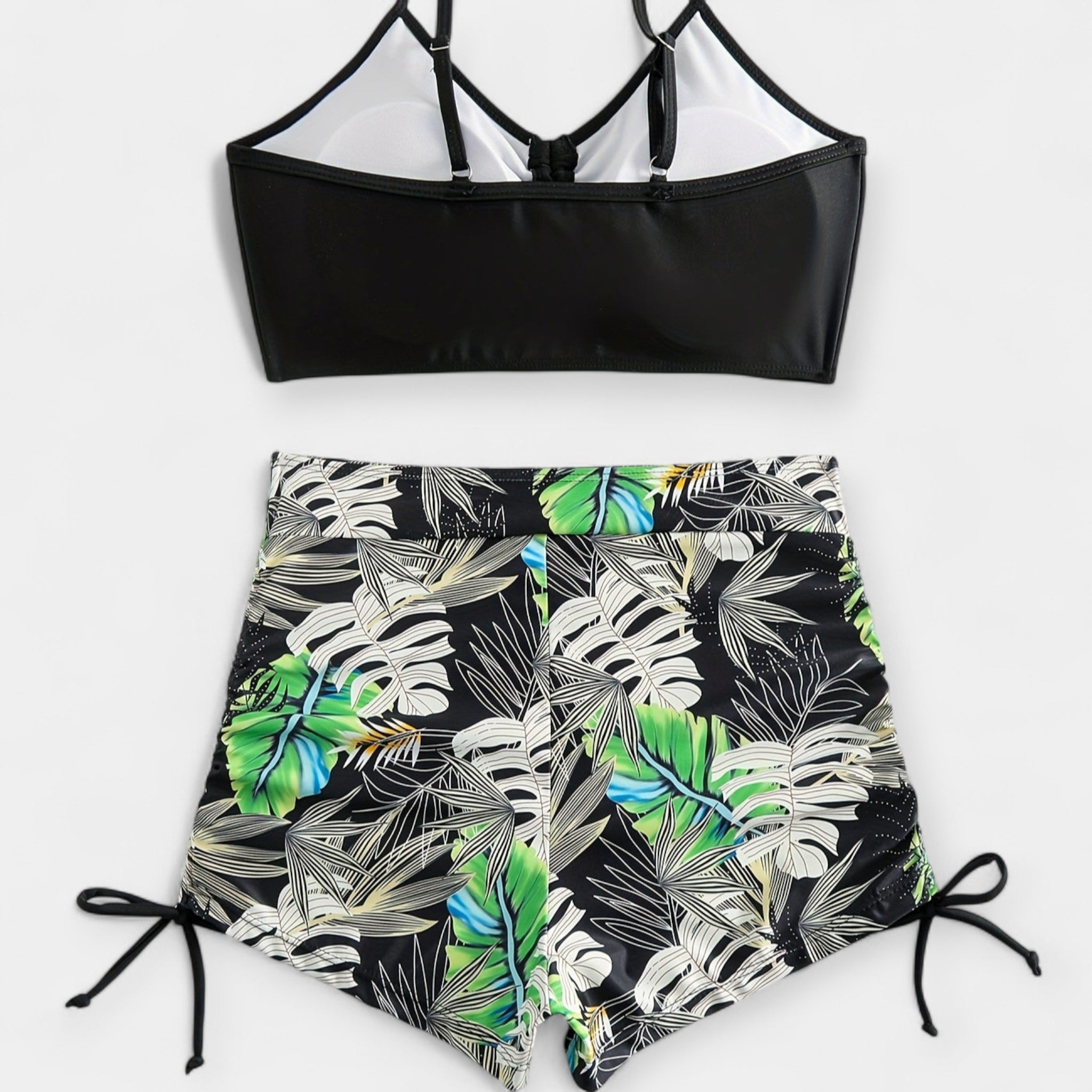 High-Waisted Bikini with Tropical Pattern and Straps
