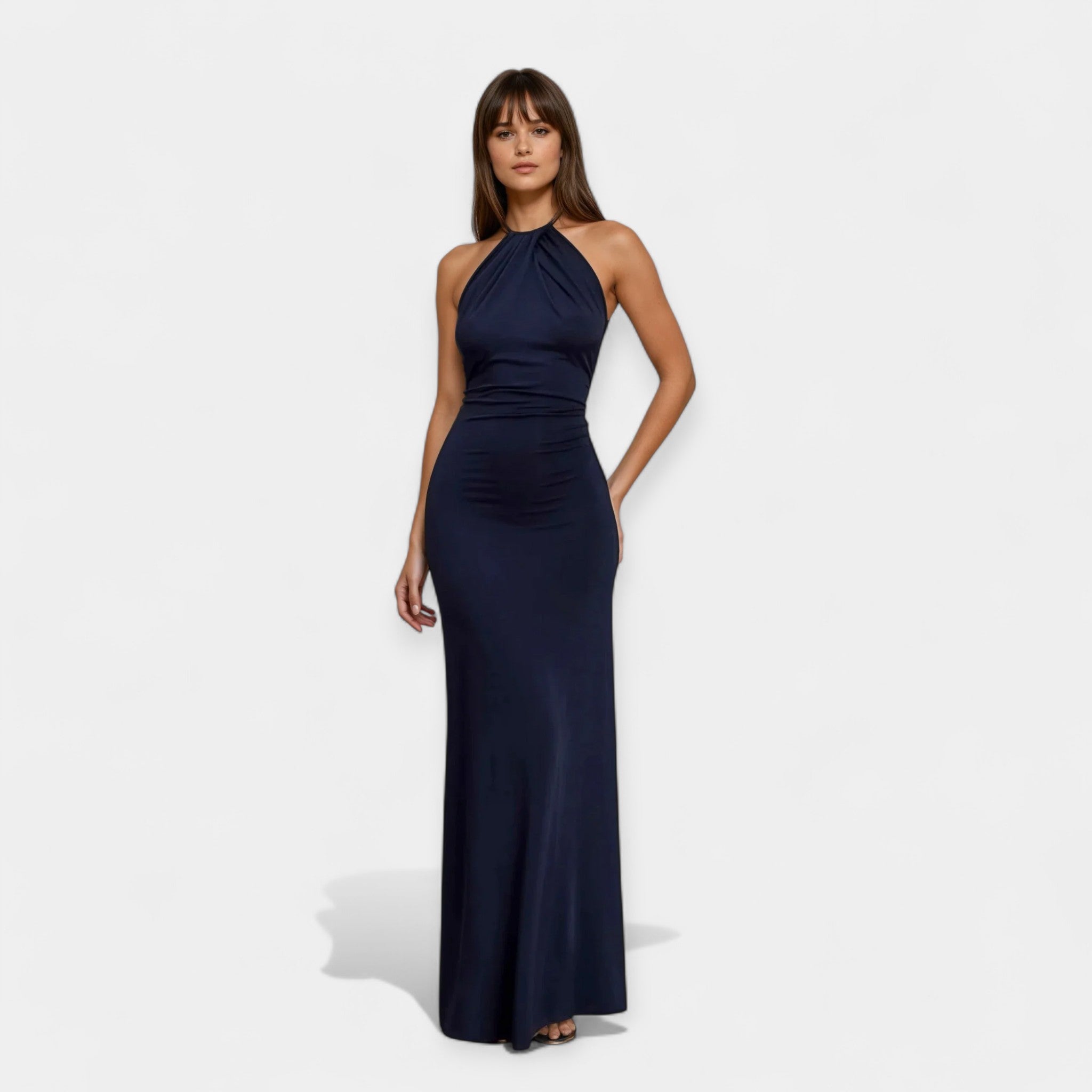 Rochie Maxi cu Șiret la Gât și Guler Choker