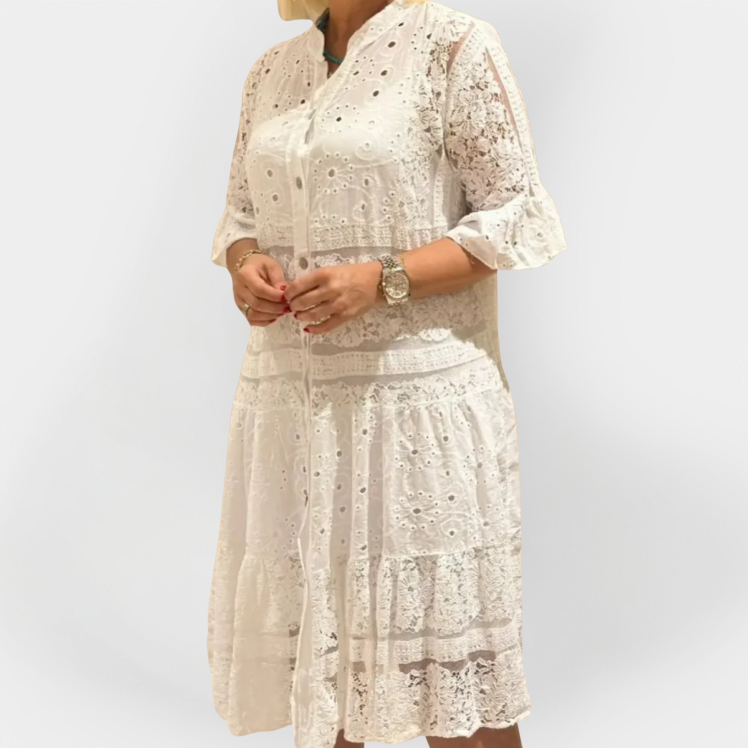Rochie din Dantelă cu Mâneci și Nasturi Frontali
