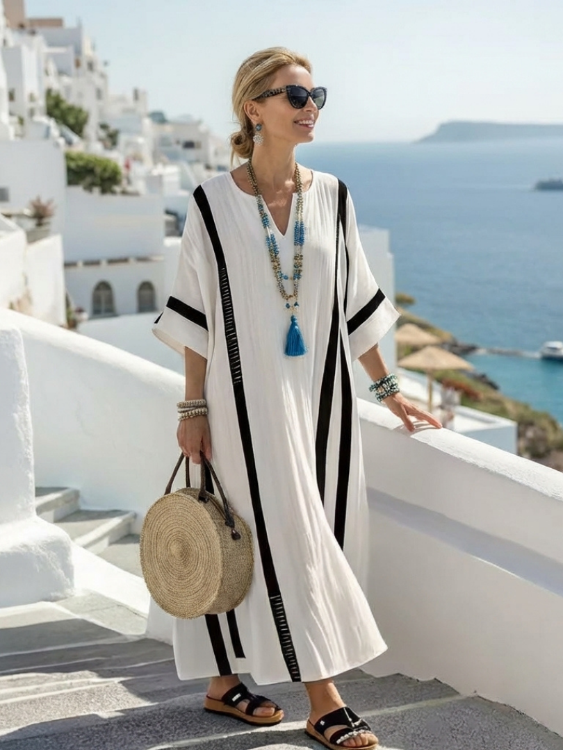 Elvienne | Rochie maxi cu mânecă scurtă, în dungi colorate