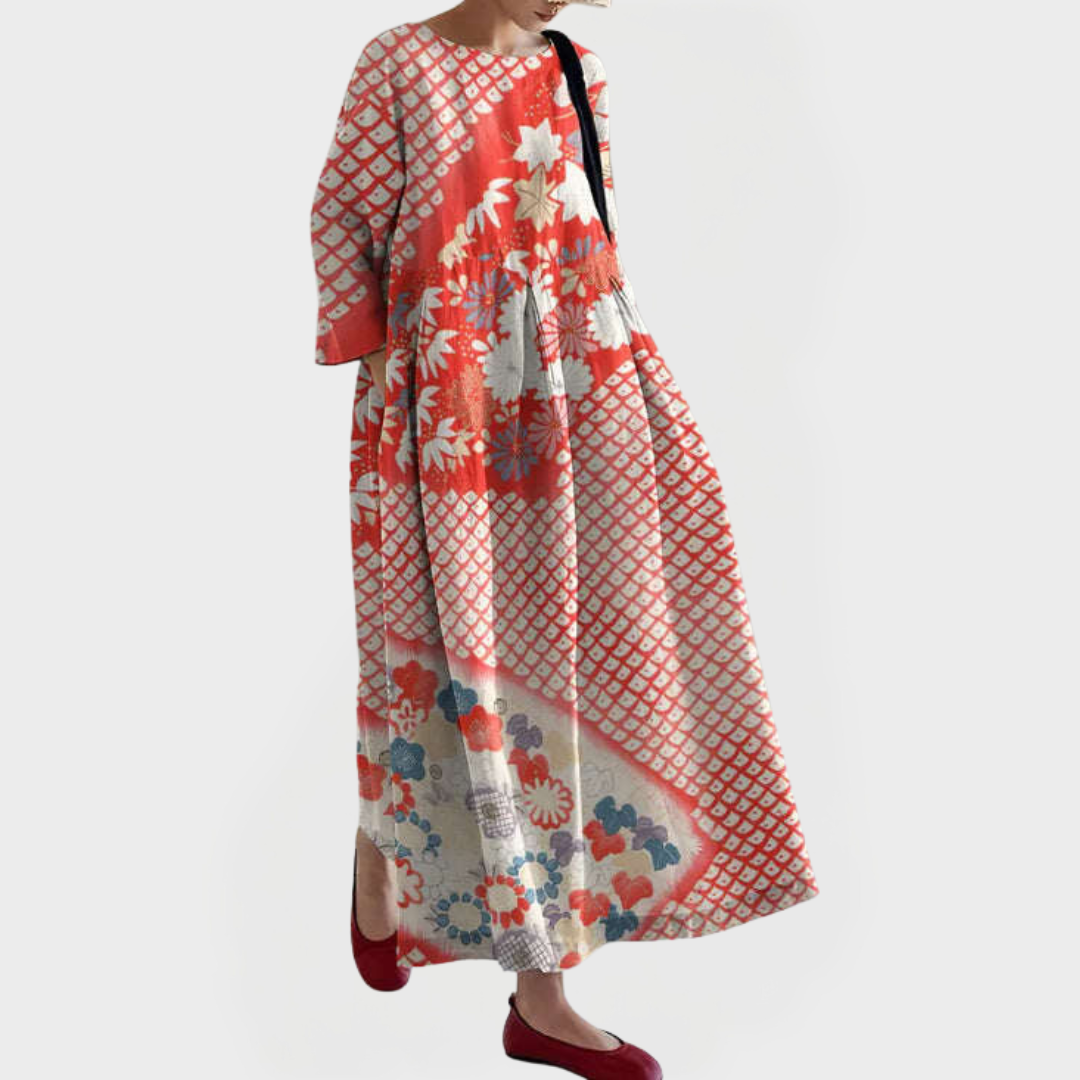 Rochie Maxi Elegantă din In cu Dantelă Florală Brodată