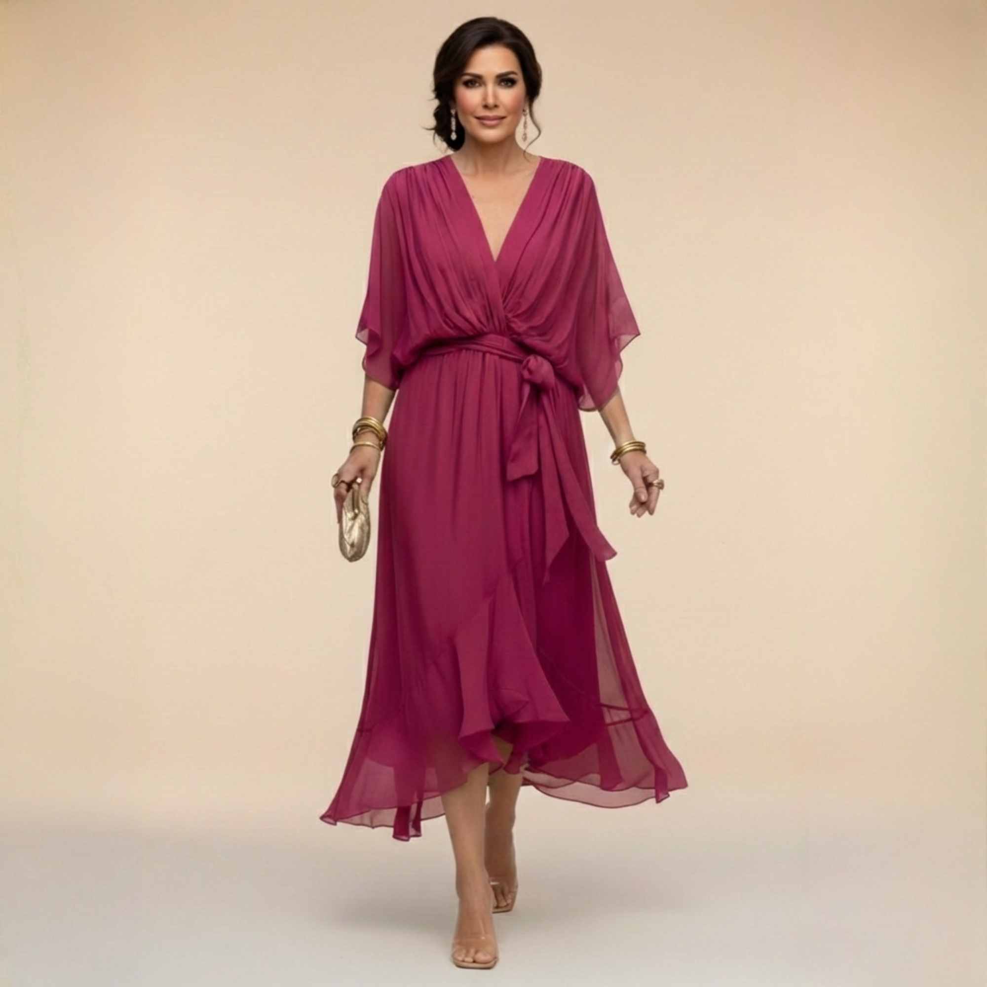 Celeste - Rochie Midi tip Sal cu Mâneci Kimono Fluide