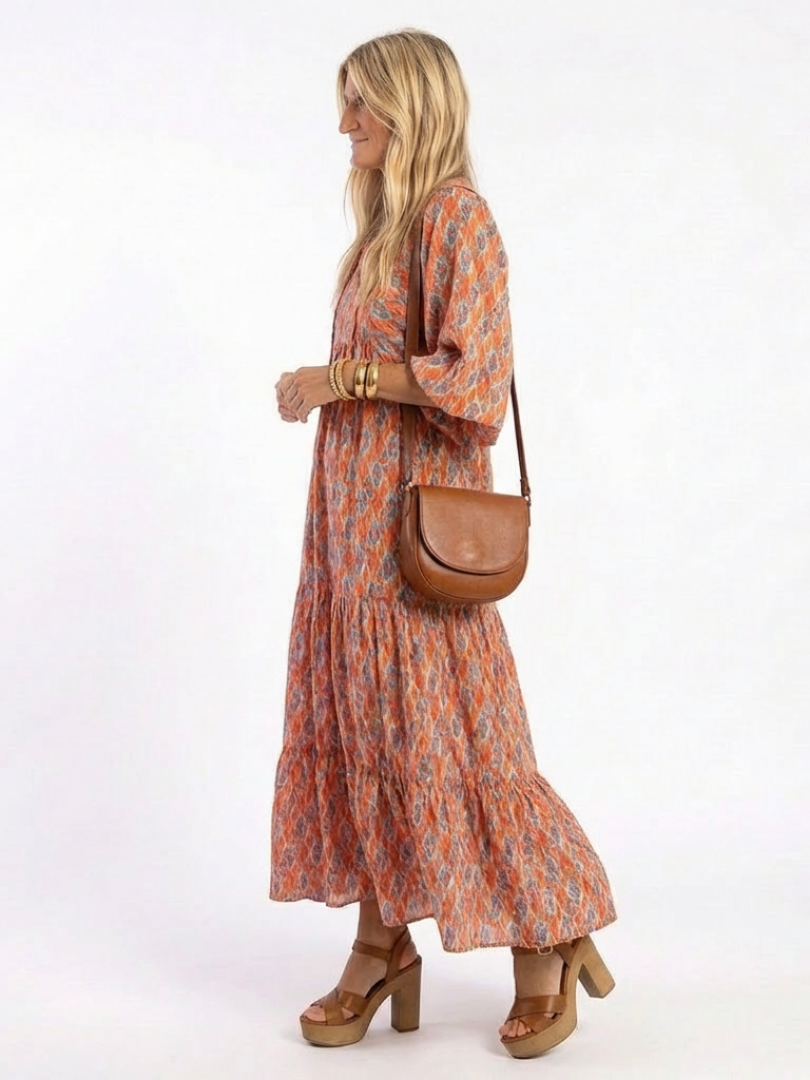 Amara | Geometric Print Midi Dress with V-Neck