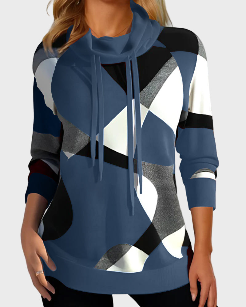 Knitted sweatshirt with artistic print and hood