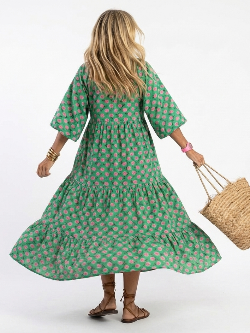 Fiora | Midi Dress with Floral Print and V-Neckline