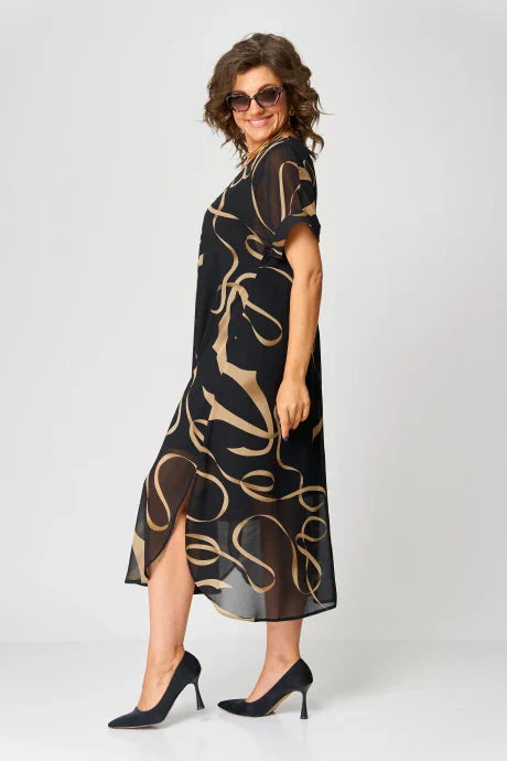 Light Dress with Linear Patterns and V-Neck