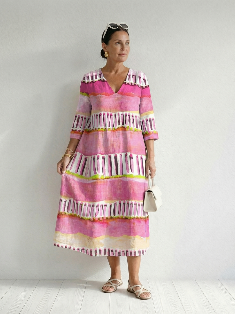 Calla | Rochie Midi cu Dungi Patrate și Flux Ușor