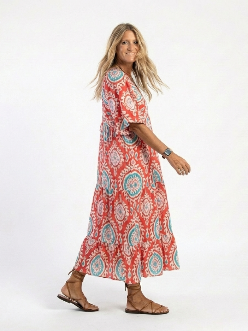 Zaria | Midi Dress with V-Neckline and Short Sleeves, Paisley Print