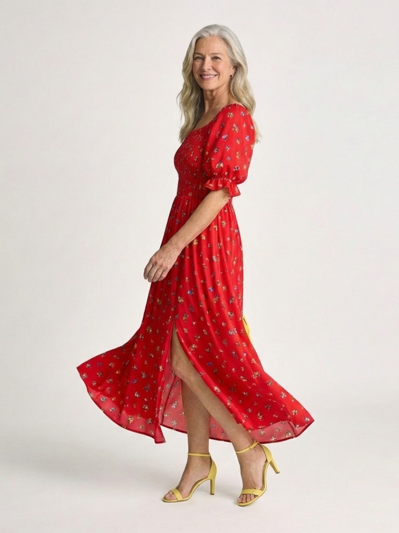 Delphine | Midi Dress with Square Neckline and Floral Puff Sleeves