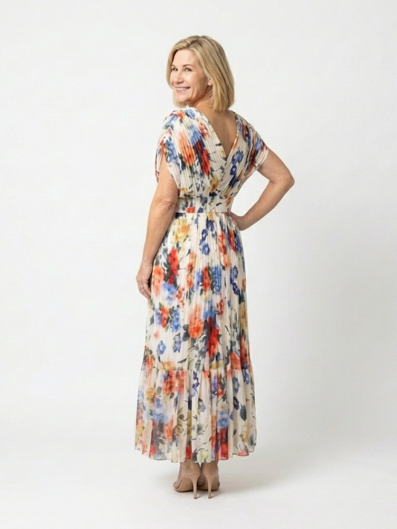 Savannah | Pleated Floral Midi Dress with Short Sleeves