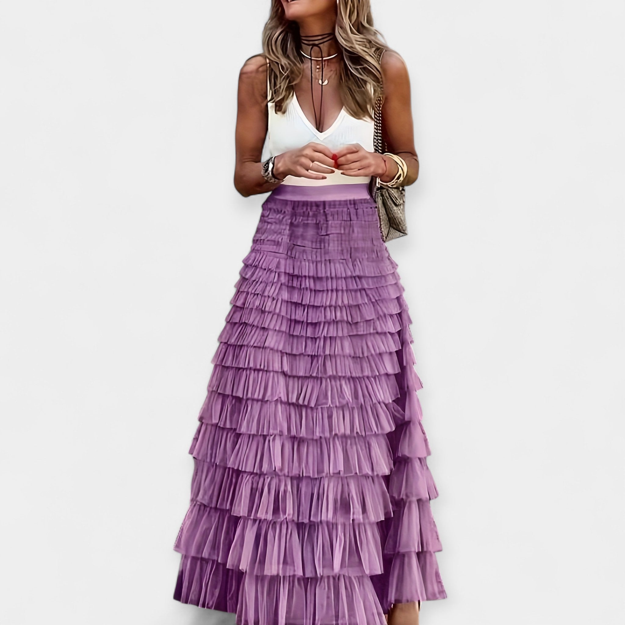 Fustă Boho cu Tăietură de Satin și Plasă