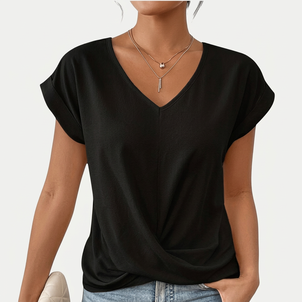 V-neck and short-sleeved blouse