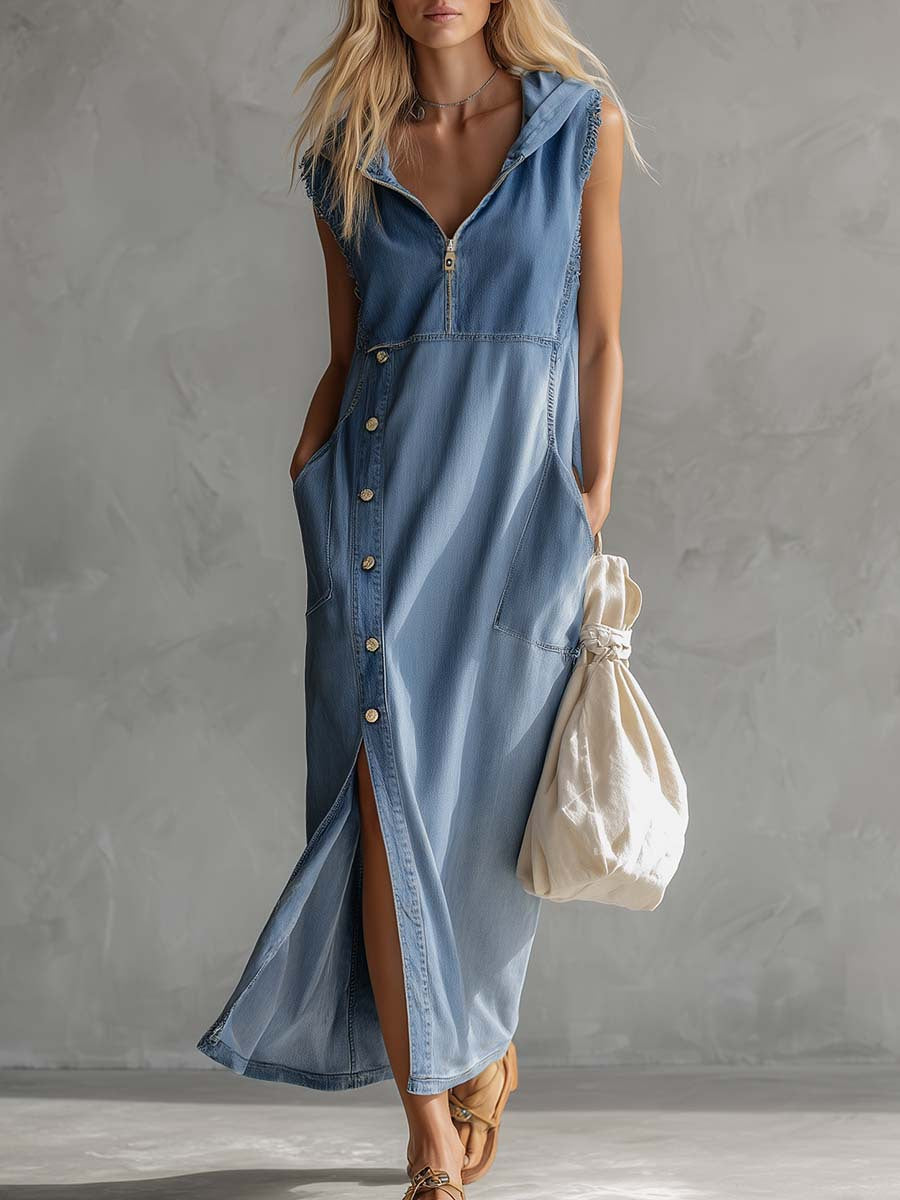 Hooded Denim Sleeveless Dress Womens