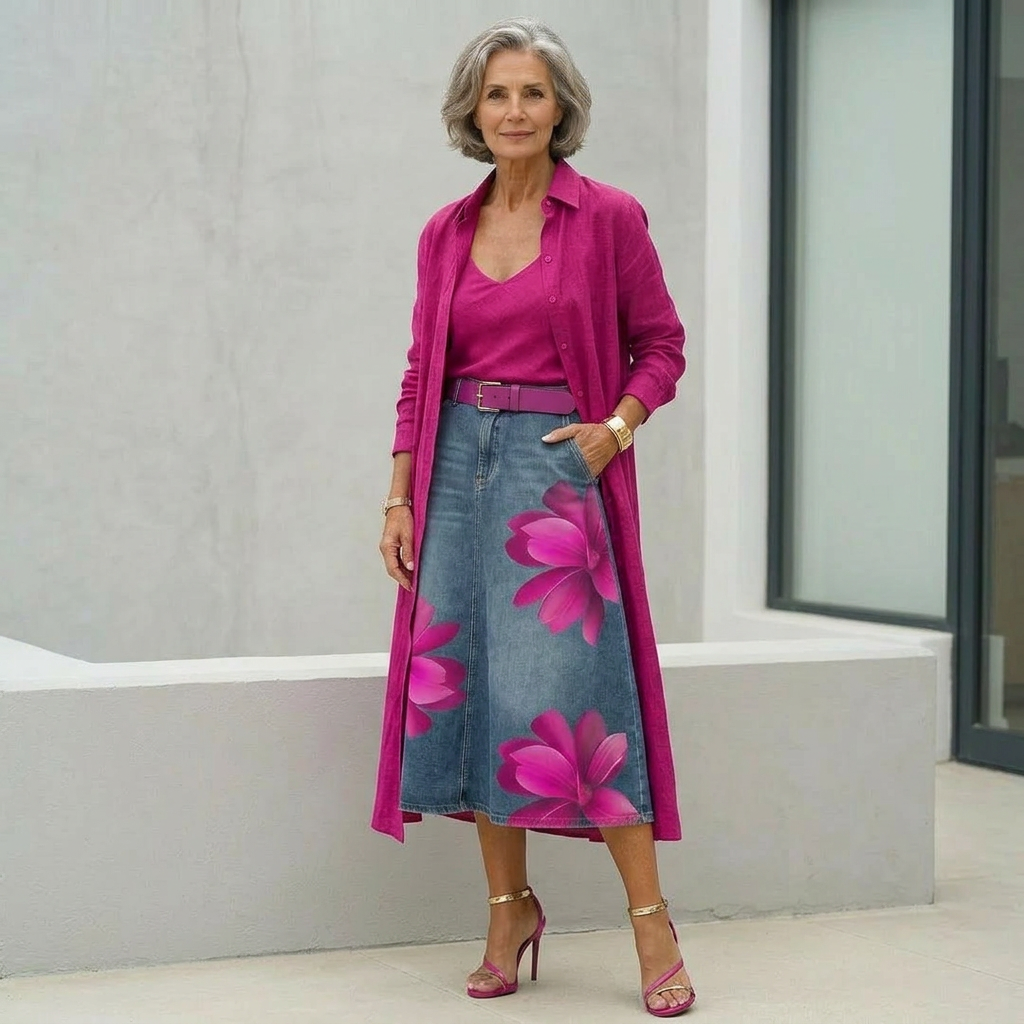 Clara | Floral Print Denim Midi Skirt