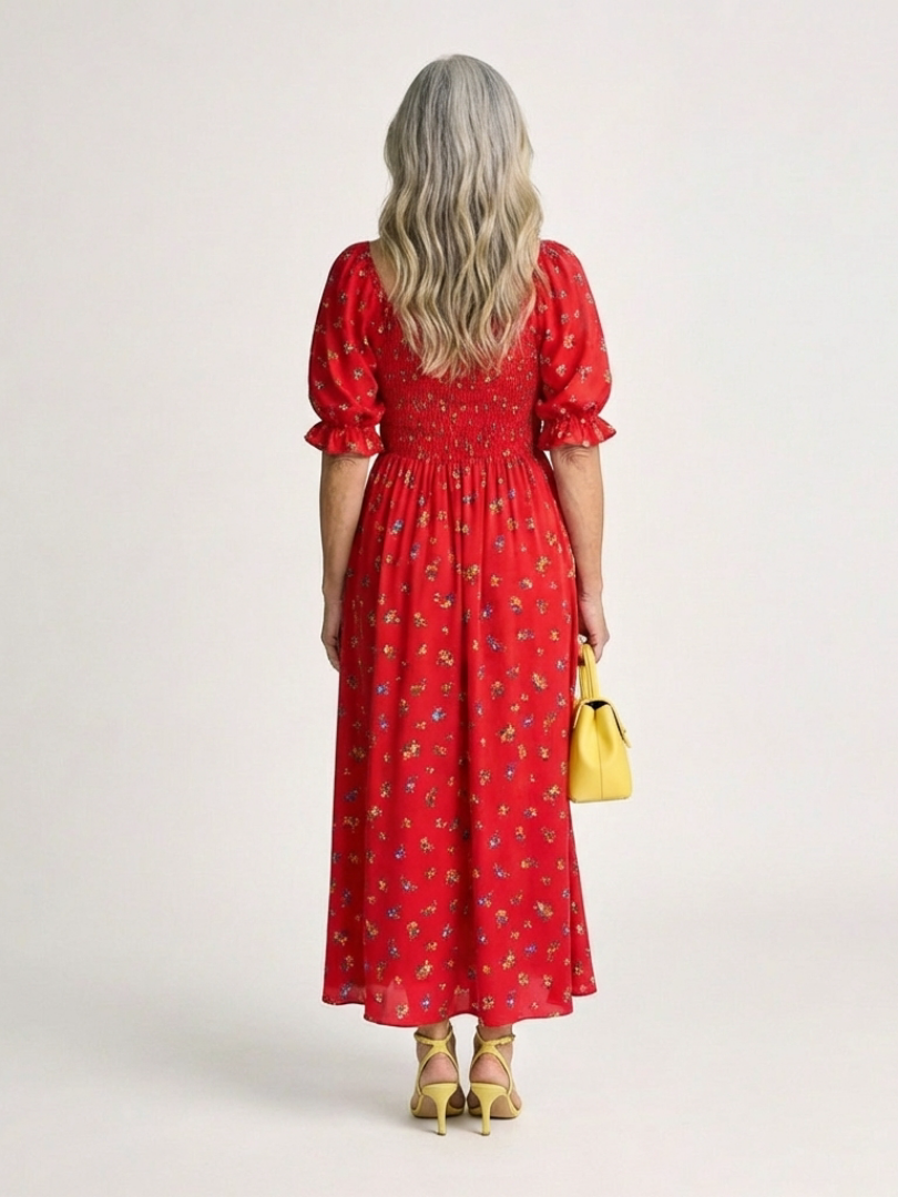 Delphine | Midi Dress with Square Neckline and Floral Puff Sleeves