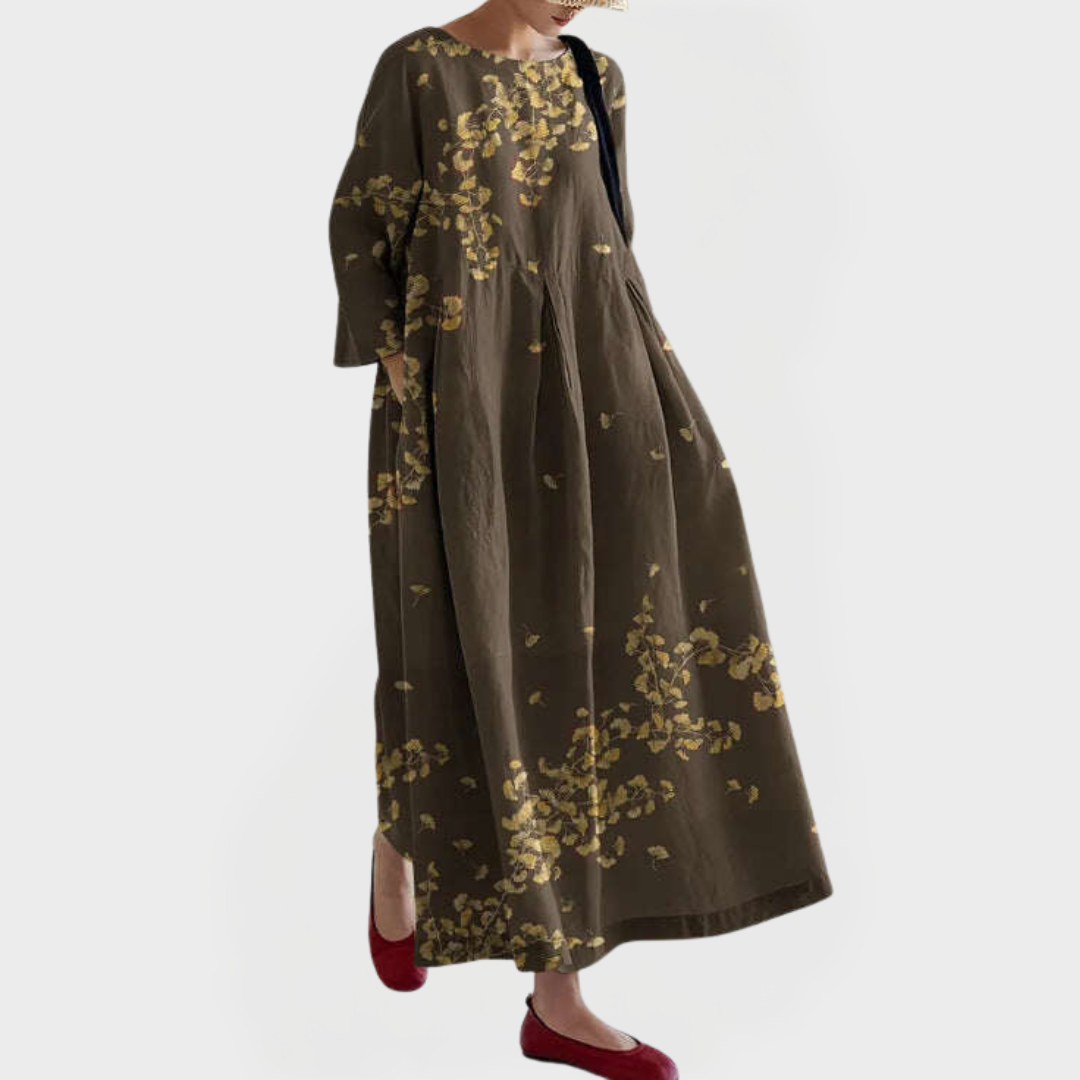 Rochie Maxi Elegantă din In cu Dantelă Florală Brodată