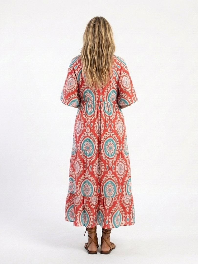 Zaria | Midi Dress with V-Neckline and Short Sleeves, Paisley Print