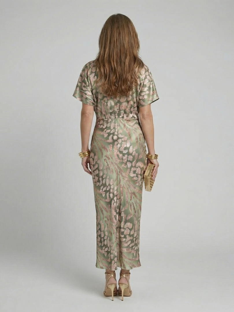 Coralie | Midi Dress with Abstract Print, V-Neckline and Twisted Waist