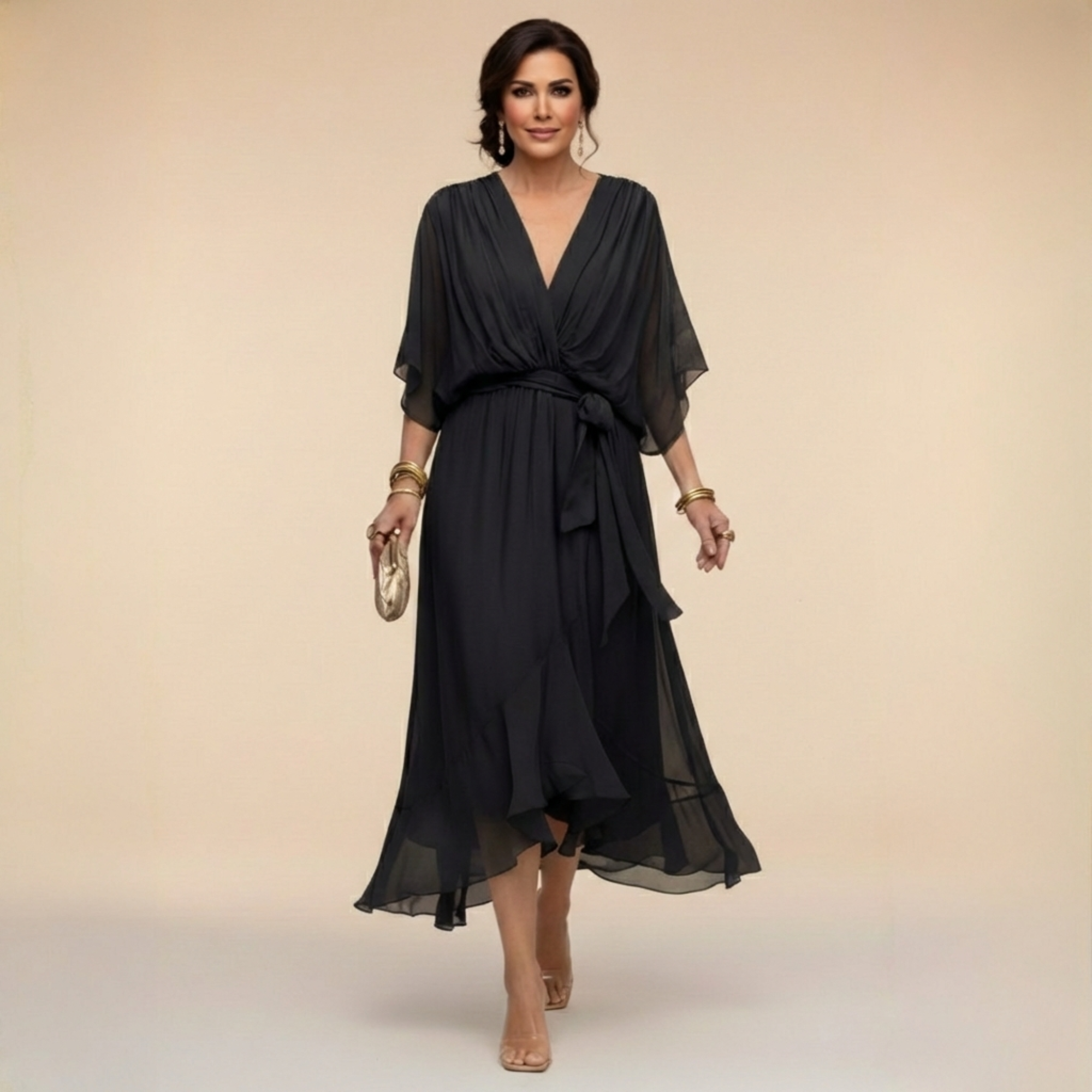 Celeste - Rochie Midi tip Sal cu Mâneci Kimono Fluide
