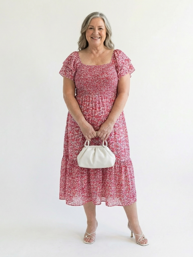 Odette | Midi Dress with Floral Print and Cut-Out Shoulders