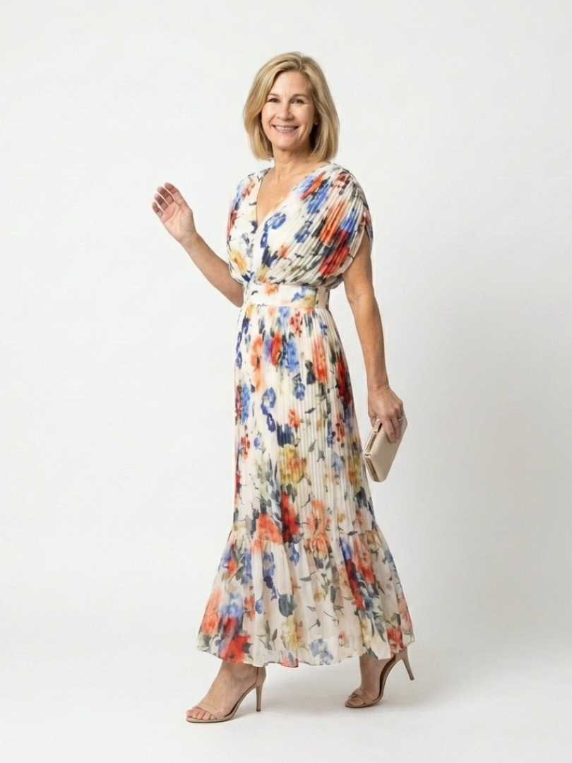 Savannah | Pleated Floral Midi Dress with Short Sleeves