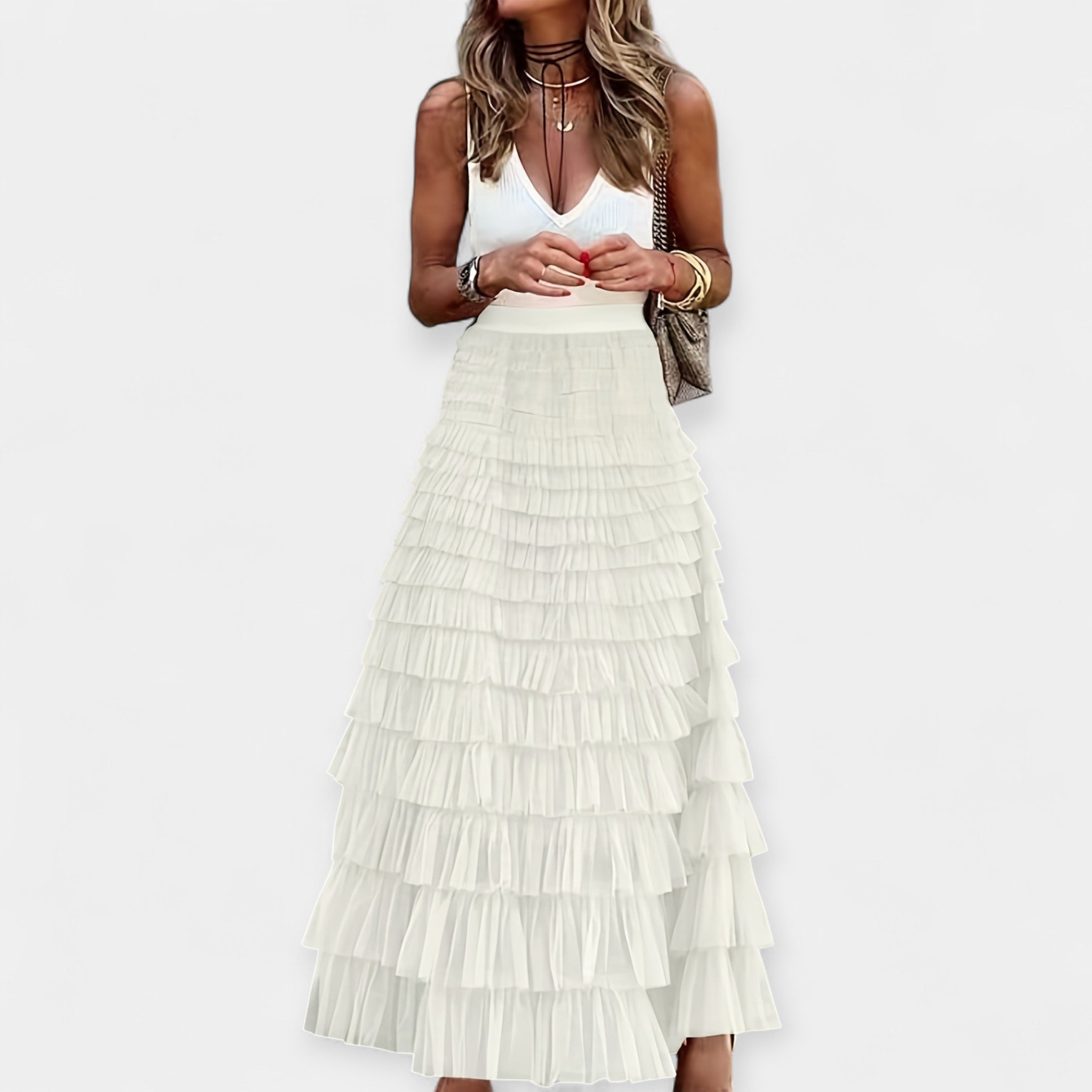 Fustă Boho cu Tăietură de Satin și Plasă