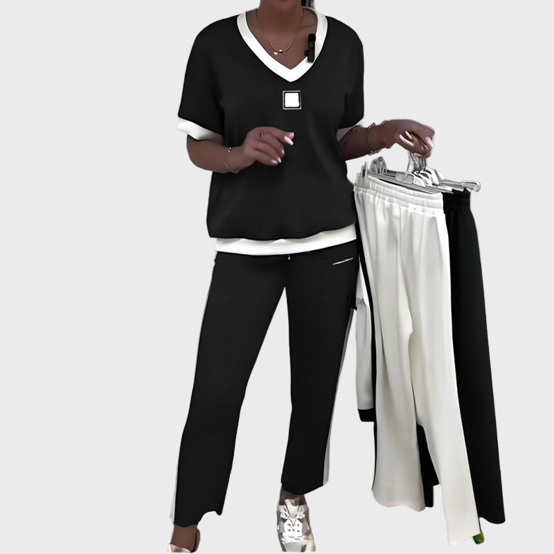 Women's Casual Set with Top and Pants with V-Neck