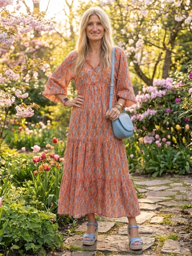 Amara | Geometric Print Midi Dress with V-Neck