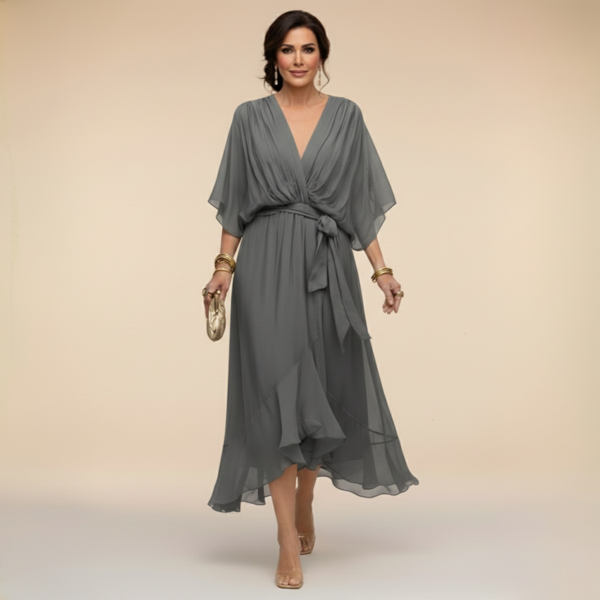 Celeste - Rochie Midi tip Sal cu Mâneci Kimono Fluide