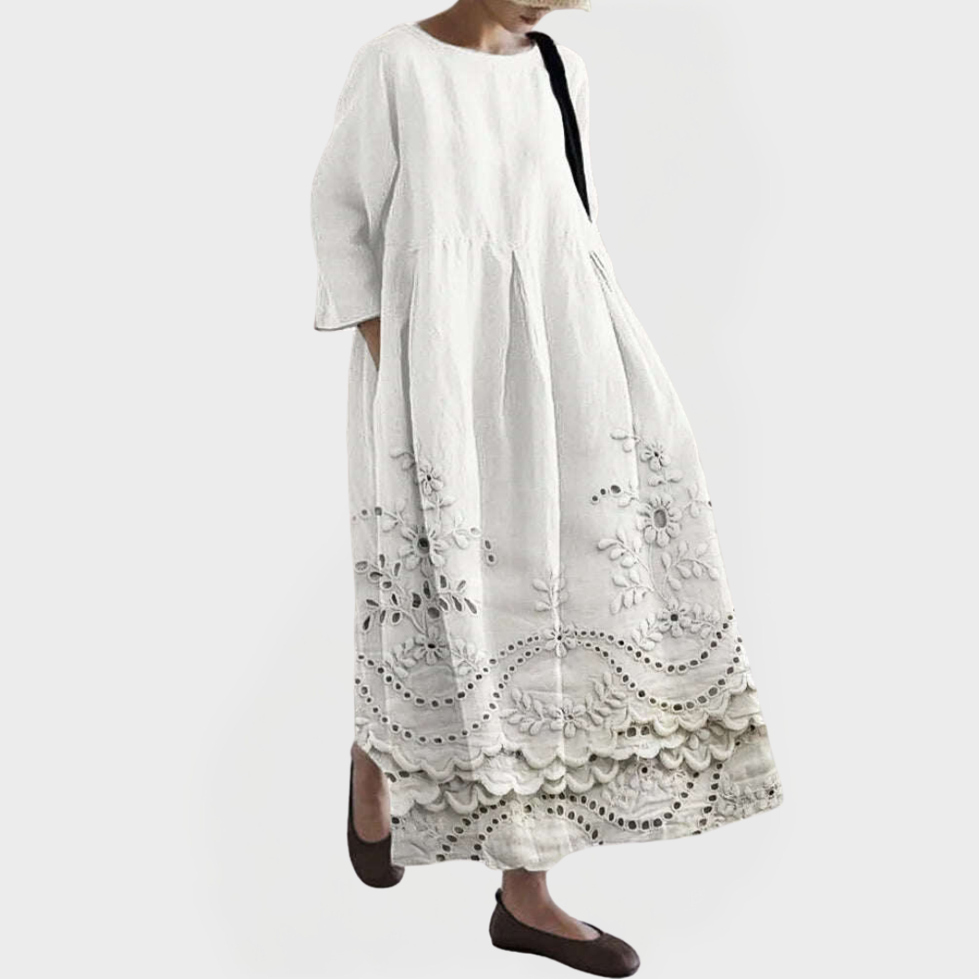 Rochie Maxi Elegantă din In cu Dantelă Florală Brodată