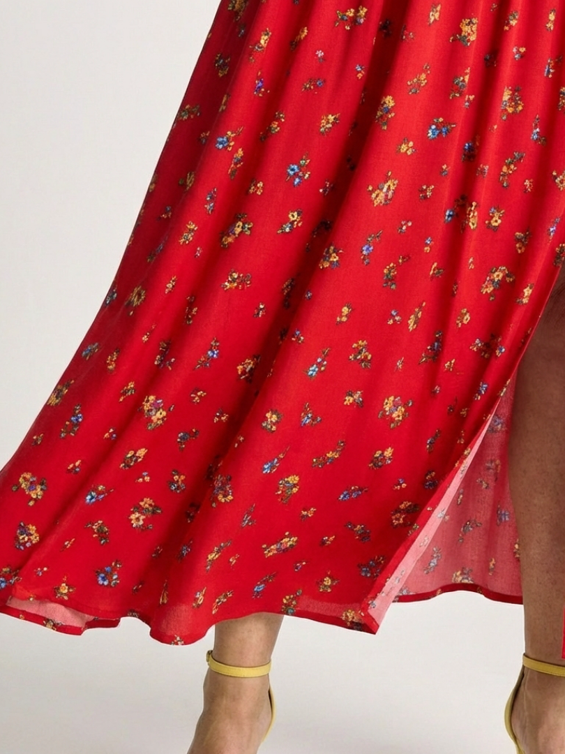 Delphine | Midi Dress with Square Neckline and Floral Puff Sleeves